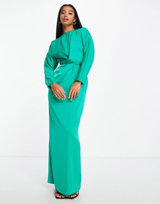 ASOS DESIGN Petite satin maxi dress with batwing sleeve and wrap waist in emerald