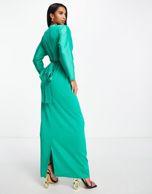 ASOS DESIGN Petite satin maxi dress with batwing sleeve and wrap waist in emerald