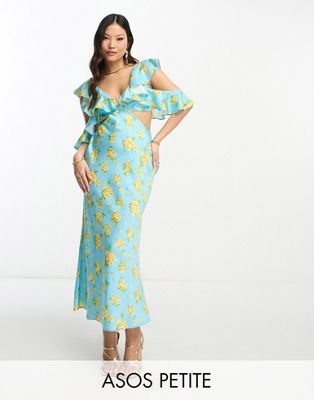 ASOS DESIGN Petite satin midaxi dress with multi flutter sleeves in blue floral print