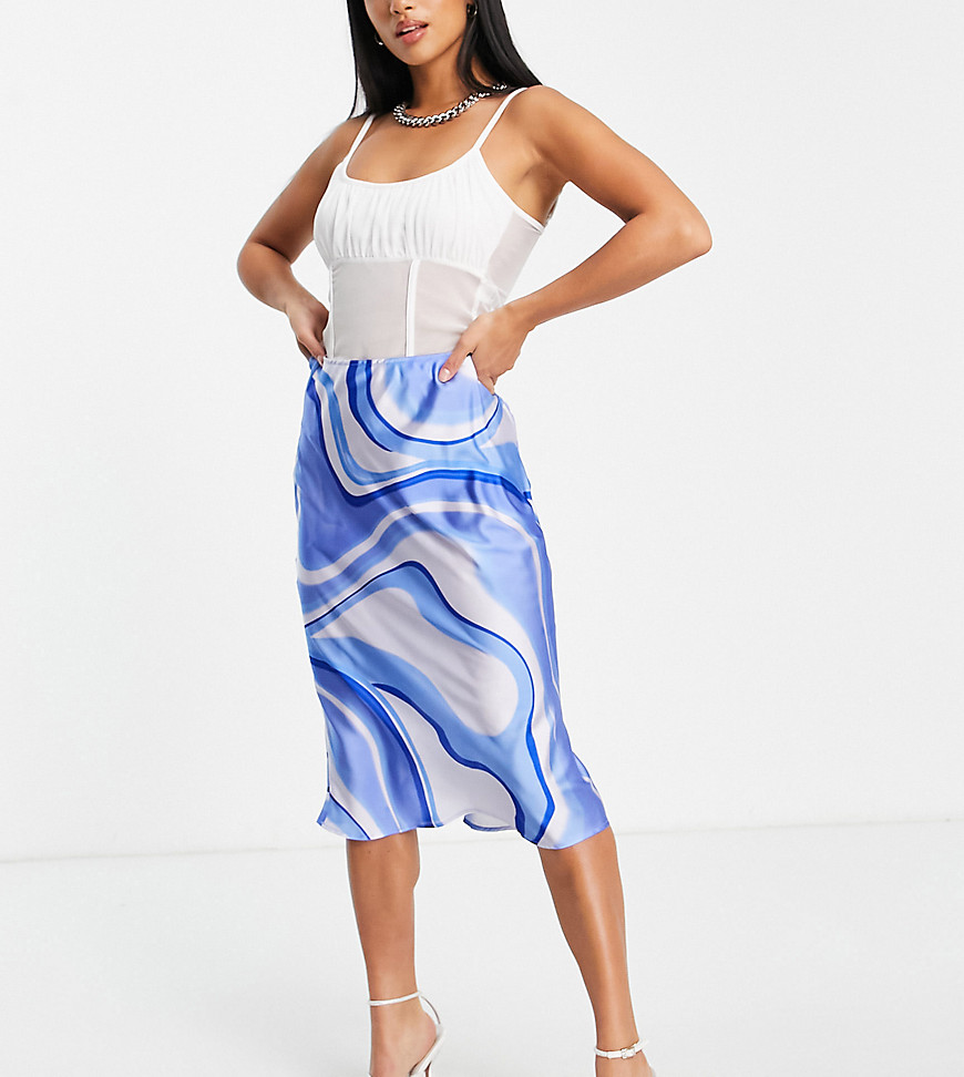 ASOS DESIGN Petite satin midi sip skirt in blue swirl print-Multi