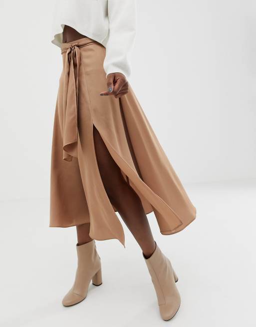 ASOS DESIGN Petite satin midi skirt with self belt