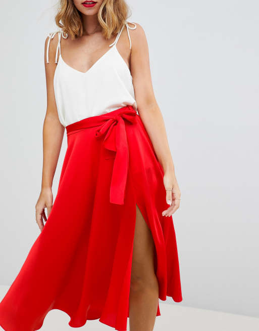 Asos design satin midi shop skirt with self belt