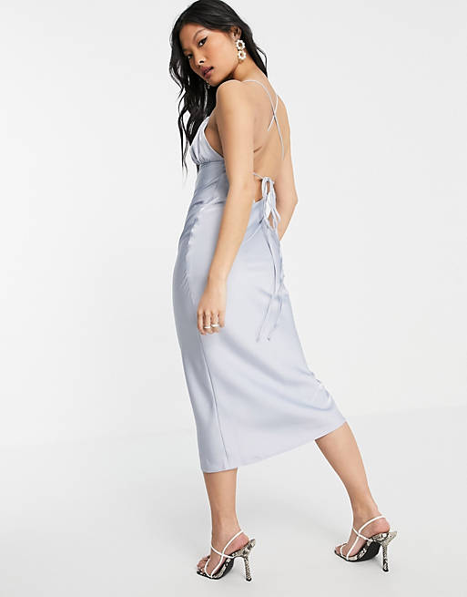 Dresses Petite satin midi slip dress with ruched bust detail and lace up back 