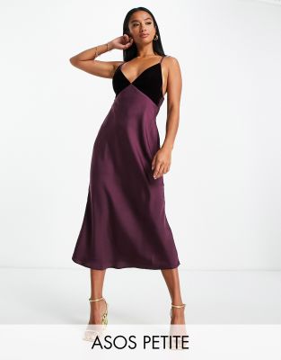 ASOS DESIGN Petite satin midi slip dress with velvet bodice detail in burgundy - ASOS Price Checker