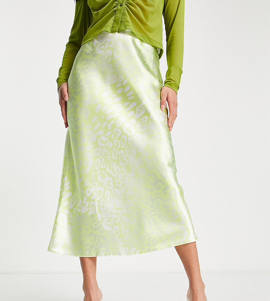 Asos Design Petite Satin Midi Slip Skirt In Yellow Leopard Print-Multi
