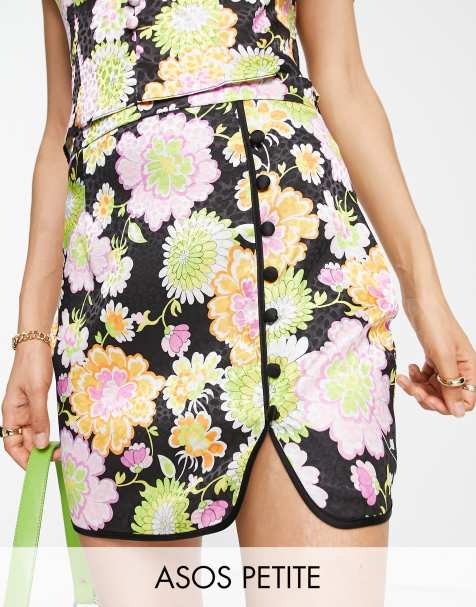 ASOS DESIGN Petite satin mini skirt with button detail in retro floral jacquard print (part of a set) - view 1
