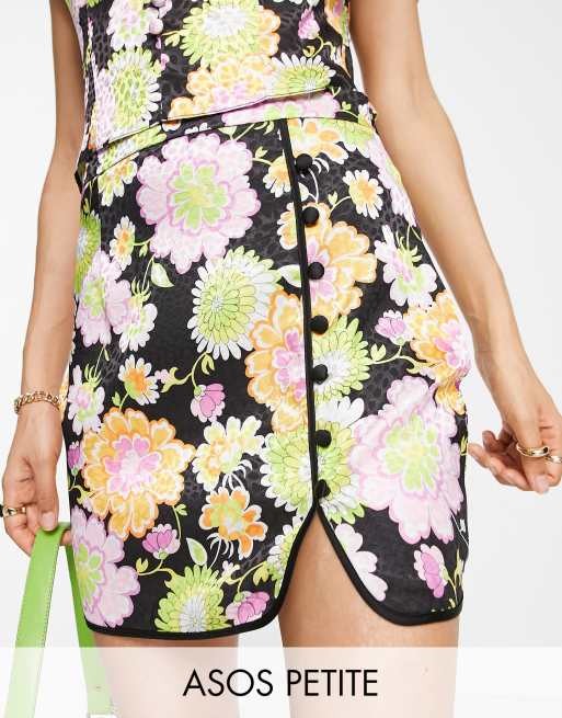 ASOS DESIGN Petite satin mini skirt with button detail in retro floral jacquard print - part of a set