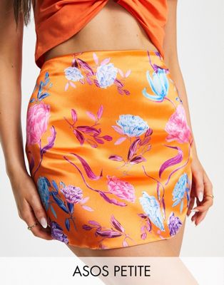 ASOS DESIGN Petite satin mini skirt with curved hem in bold orange floral