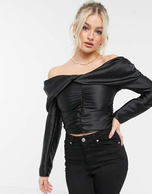 ASOS DESIGN Petite satin off the shoulder top with drape detail in black