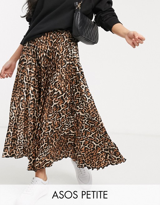 ASOS DESIGN Petite satin pleat midi skirt in leopard print
