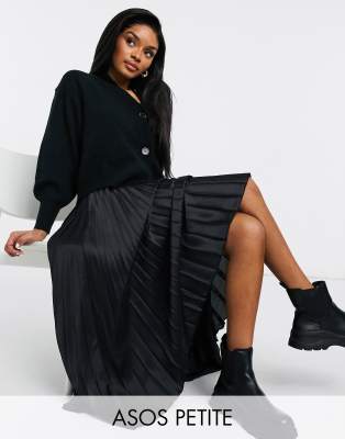 ASOS DESIGN Petite satin pleated midi skirt in black