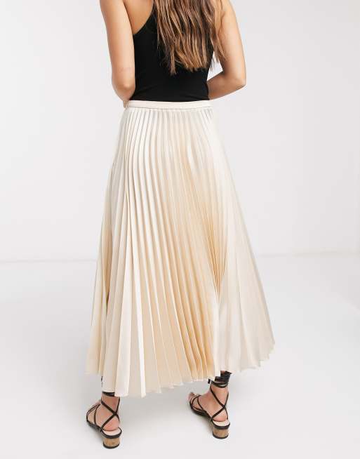 ASOS DESIGN Petite satin pleated midi skirt in bone, 2 of 4