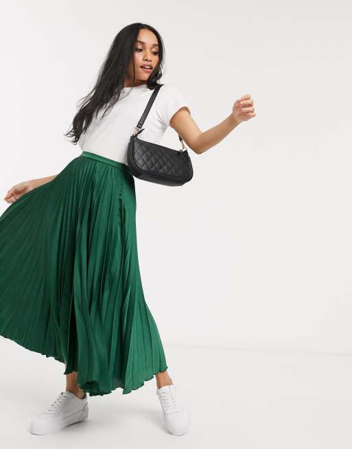 ASOS DESIGN Petite satin pleated midi skirt in forest green