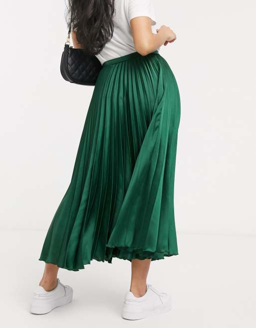 ASOS DESIGN Petite satin pleated midi skirt in forest green ASOS