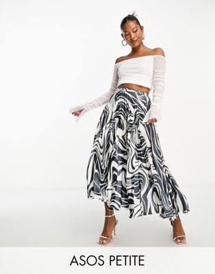 ASOS DESIGN Petite satin pleated midi skirt in mono zebra print