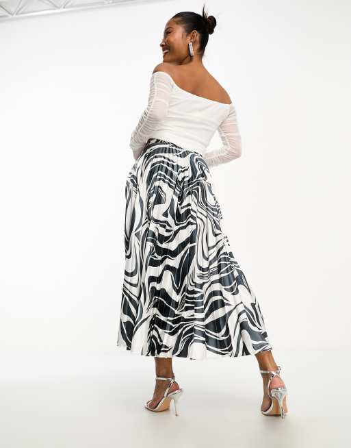 ASOS DESIGN Petite satin pleated midi skirt in mono zebra print , 3 of 4