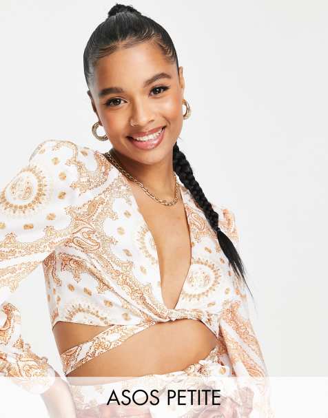 ASOS DESIGN Petite satin plunge twist top co-ord in paisley print print - view 1
