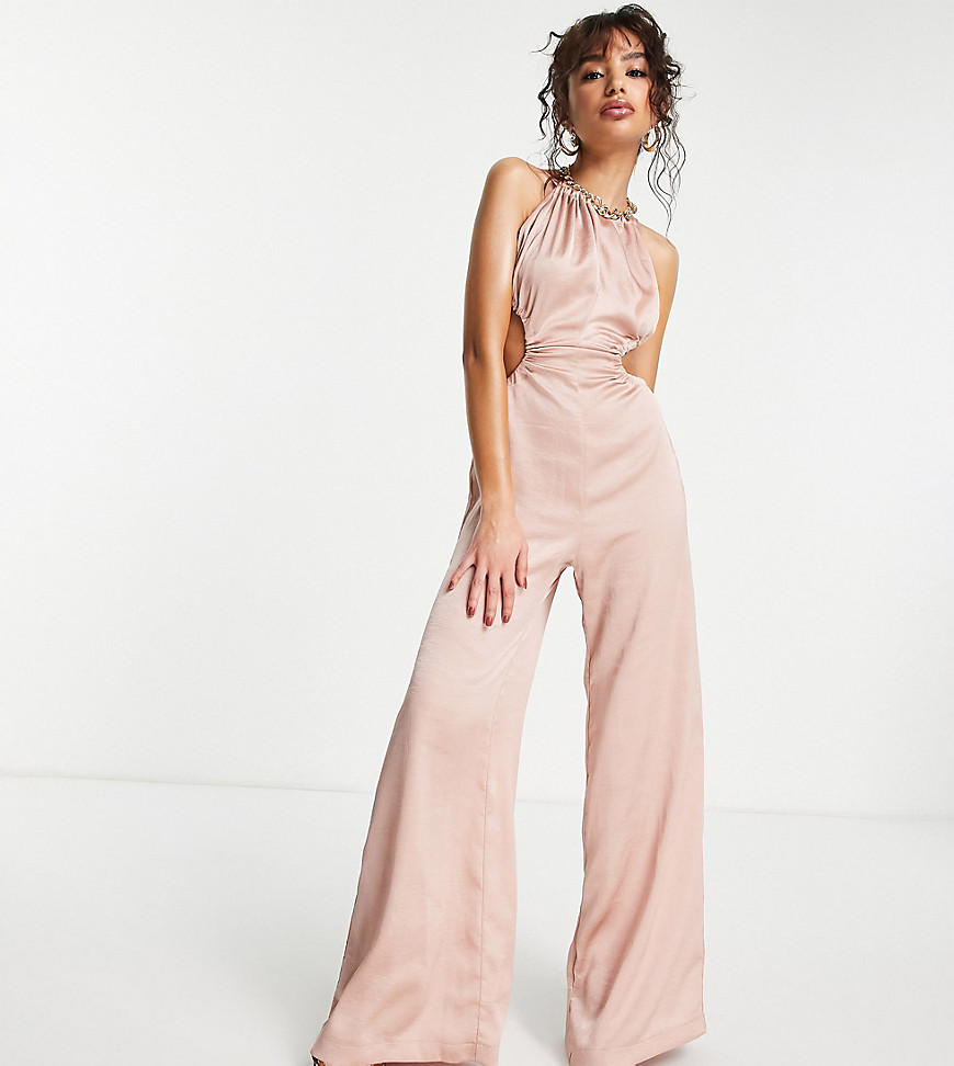 ASOS DESIGN Petite satin ruched neck cut out jumpsuit in taupe-Pink