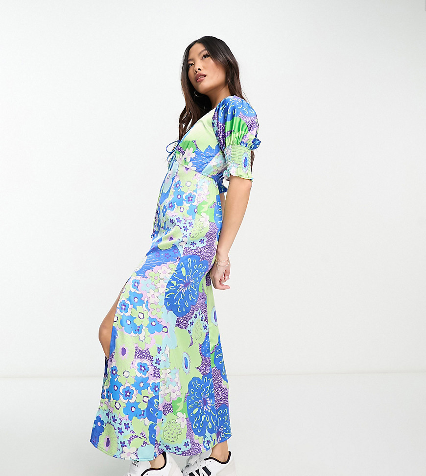 Asos Petite Asos Design Petite Satin Shirred Cuff Midi Tea Dress With Tie Front In Floral Print-multi