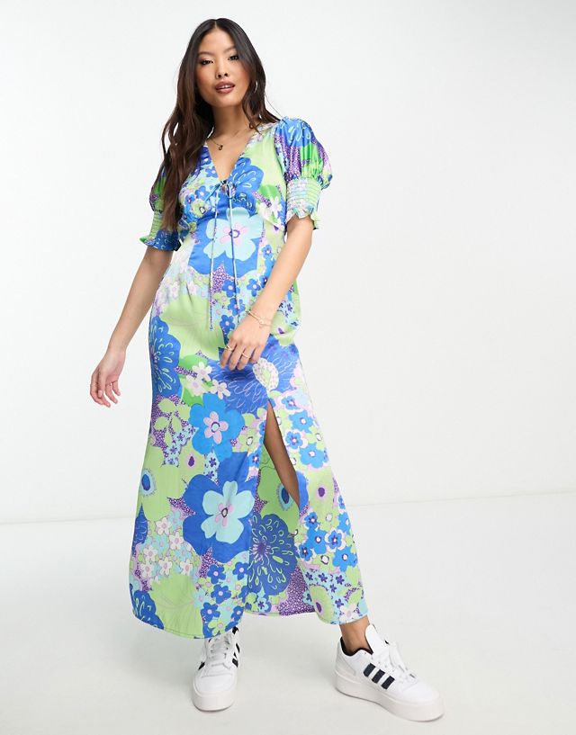 ASOS DESIGN Petite satin shirred cuff midi tea dress with tie front in floral print GN11259