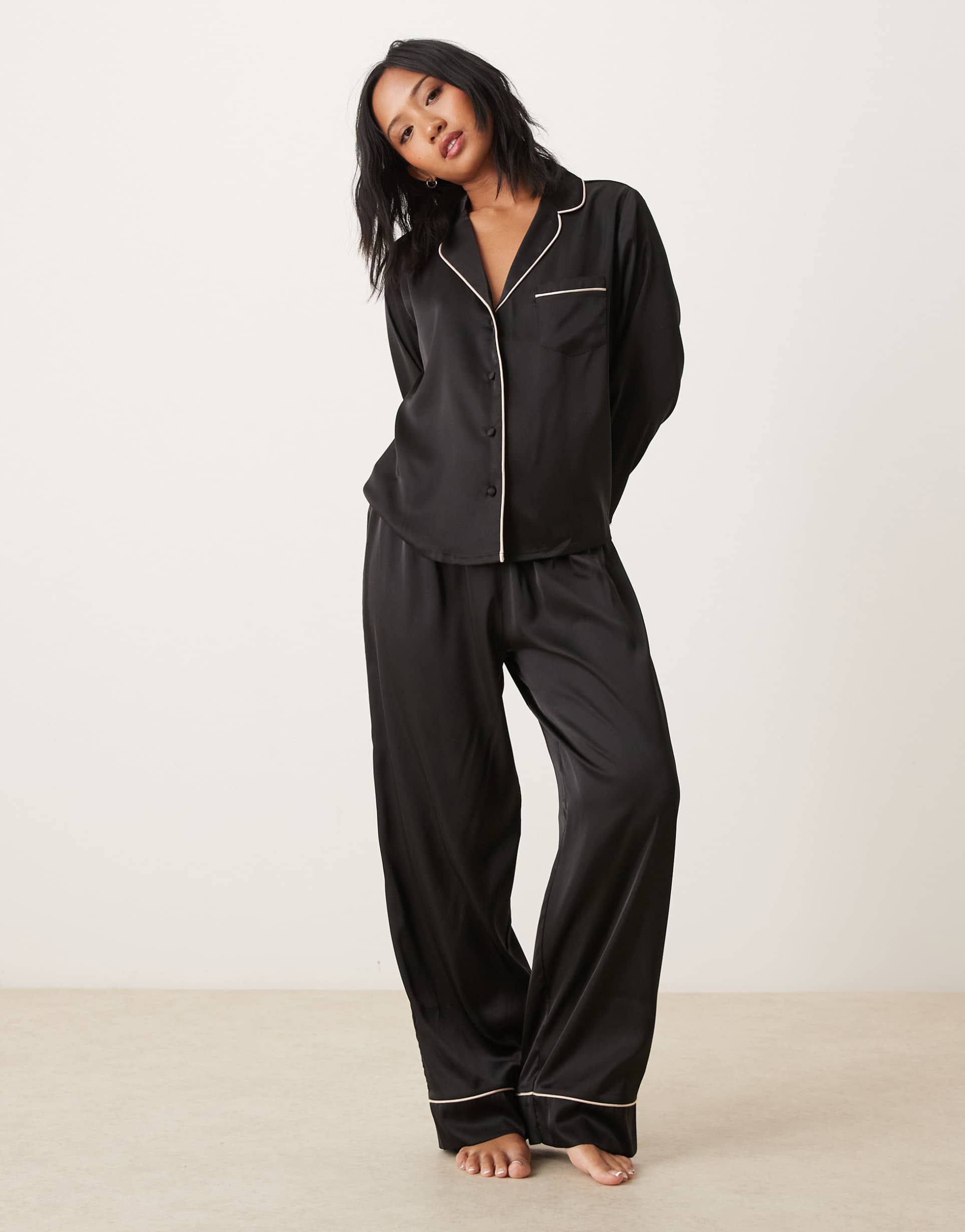 asos design petite satin shirt & pants pajama set in black