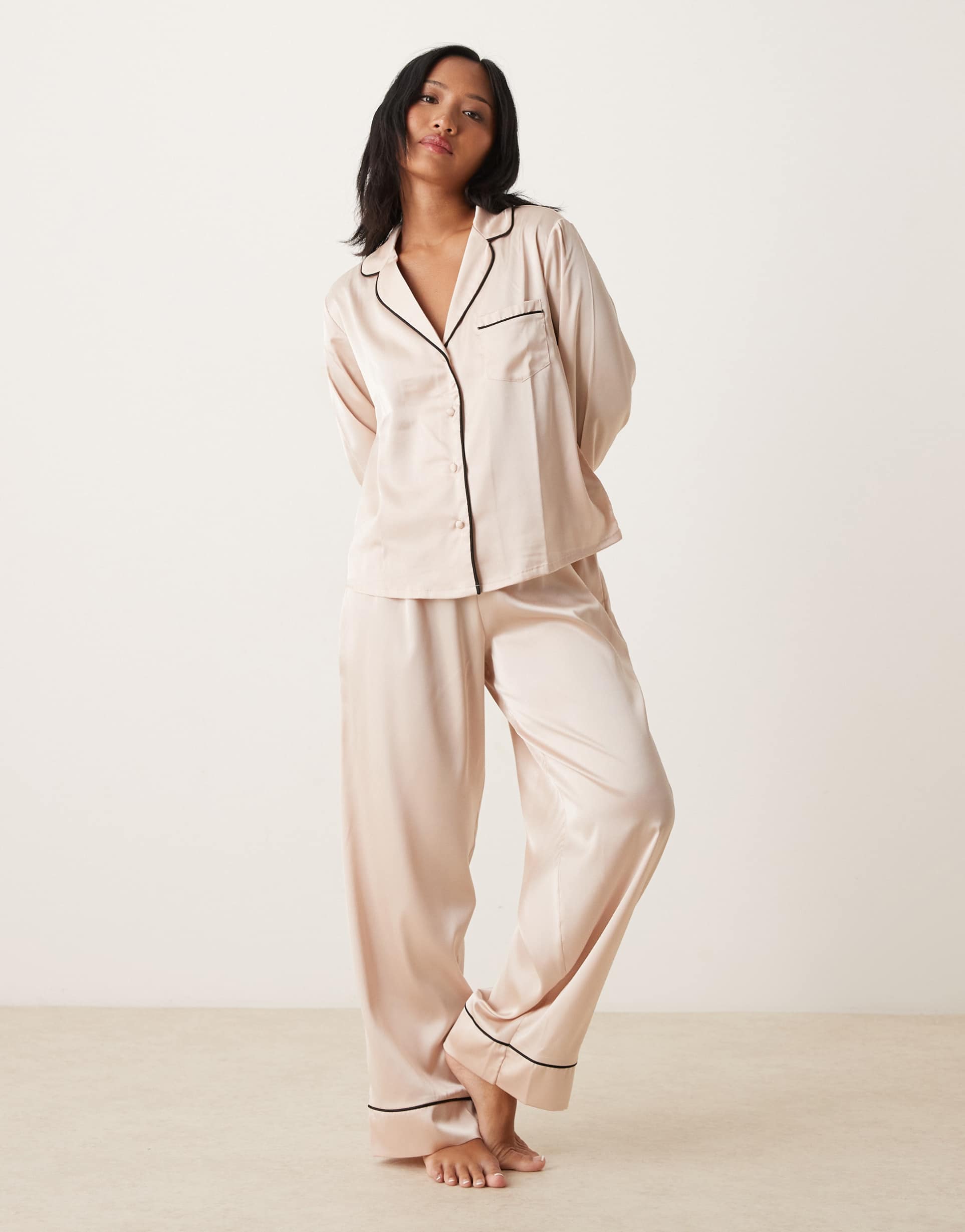 asos design petite satin shirt & pants pajama set in champagne pink