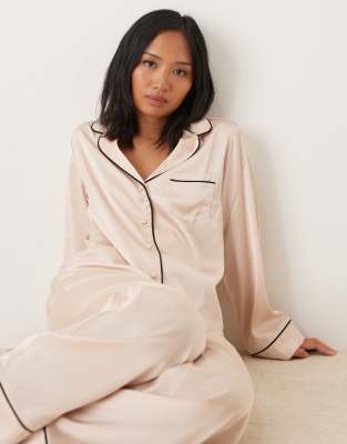 Asos Petite Asos Design Petite Satin Shirt & Pants Pajama Set In Pink