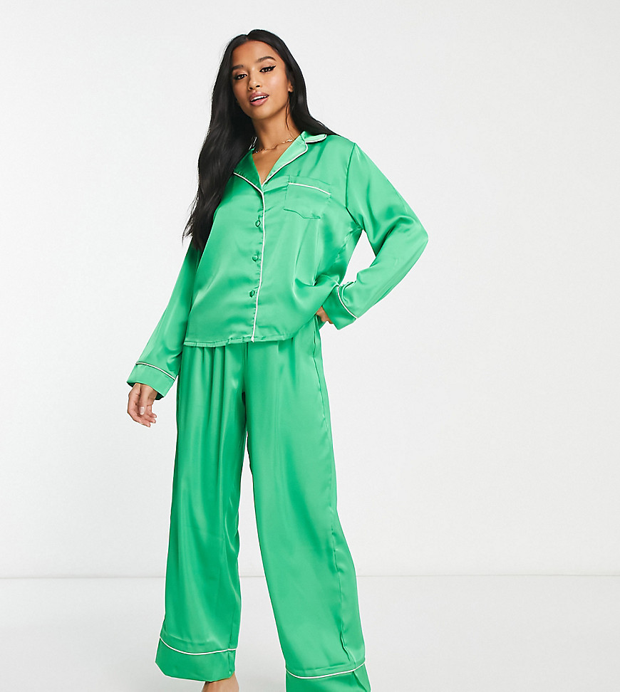 ASOS DESIGN Petite satin shirt & pants pajama set with contrast piping in emerald green