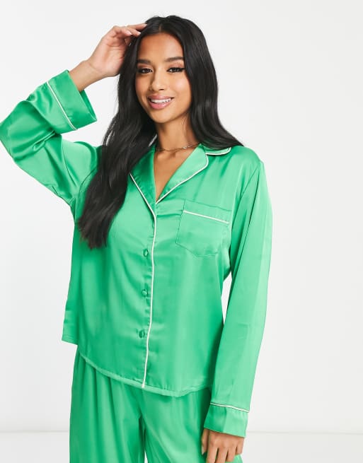 ASOS DESIGN satin shirt & pants pajama set with contrast piping in