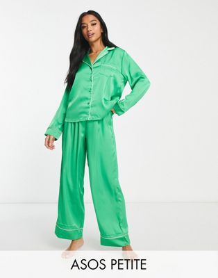 ASOS DESIGN Petite satin shirt & trouser pyjama set with contrast piping in emerald green