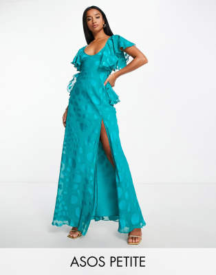 Asos Petite Asos Design Petite Satin Spot Flutter Sleeve Maxi Dress With Open Back In Deep Aqua-green