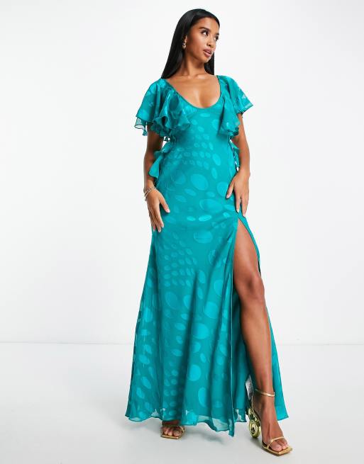 ASOS DESIGN Petite satin spot flutter sleeve maxi dress with open back in deep aqua