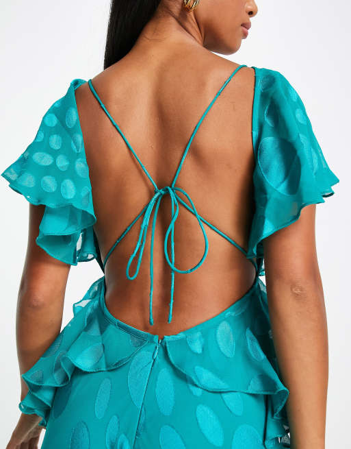 ASOS DESIGN Petite satin spot flutter sleeve maxi dress with open back in  deep aqua