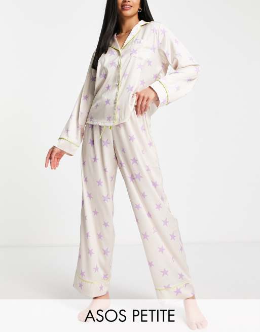 ASOS DESIGN Petite satin star long sleeve shirt & pants pajama set in