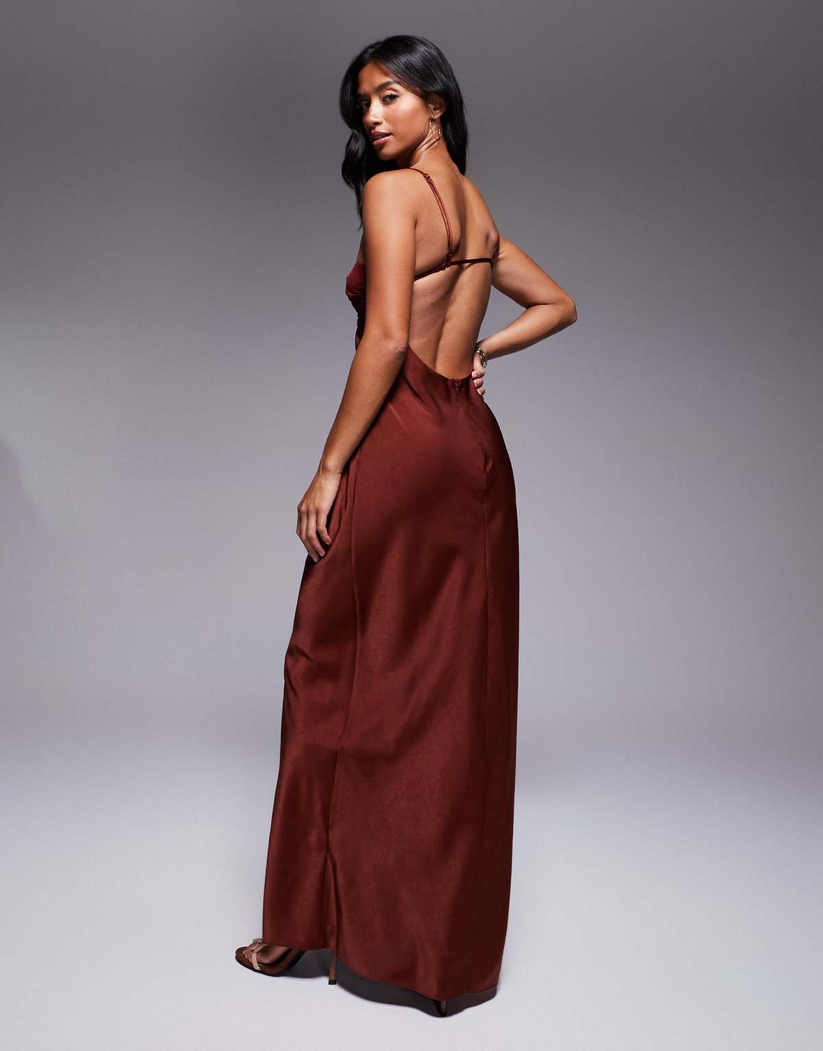 ASOS DESIGN Petite satin strappy halter maxi dress with contrast bust in cinnamon
