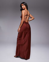 ASOS DESIGN Curve satin tape halter maxi dress in burgundy