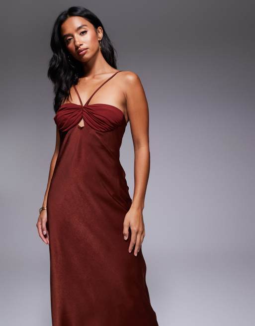 ASOS DESIGN Petite satin strappy halter maxi dress with contrast bust in cinnamon