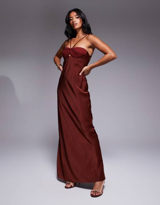 ASOS DESIGN Petite satin strappy halter maxi dress with contrast bust in cinnamon