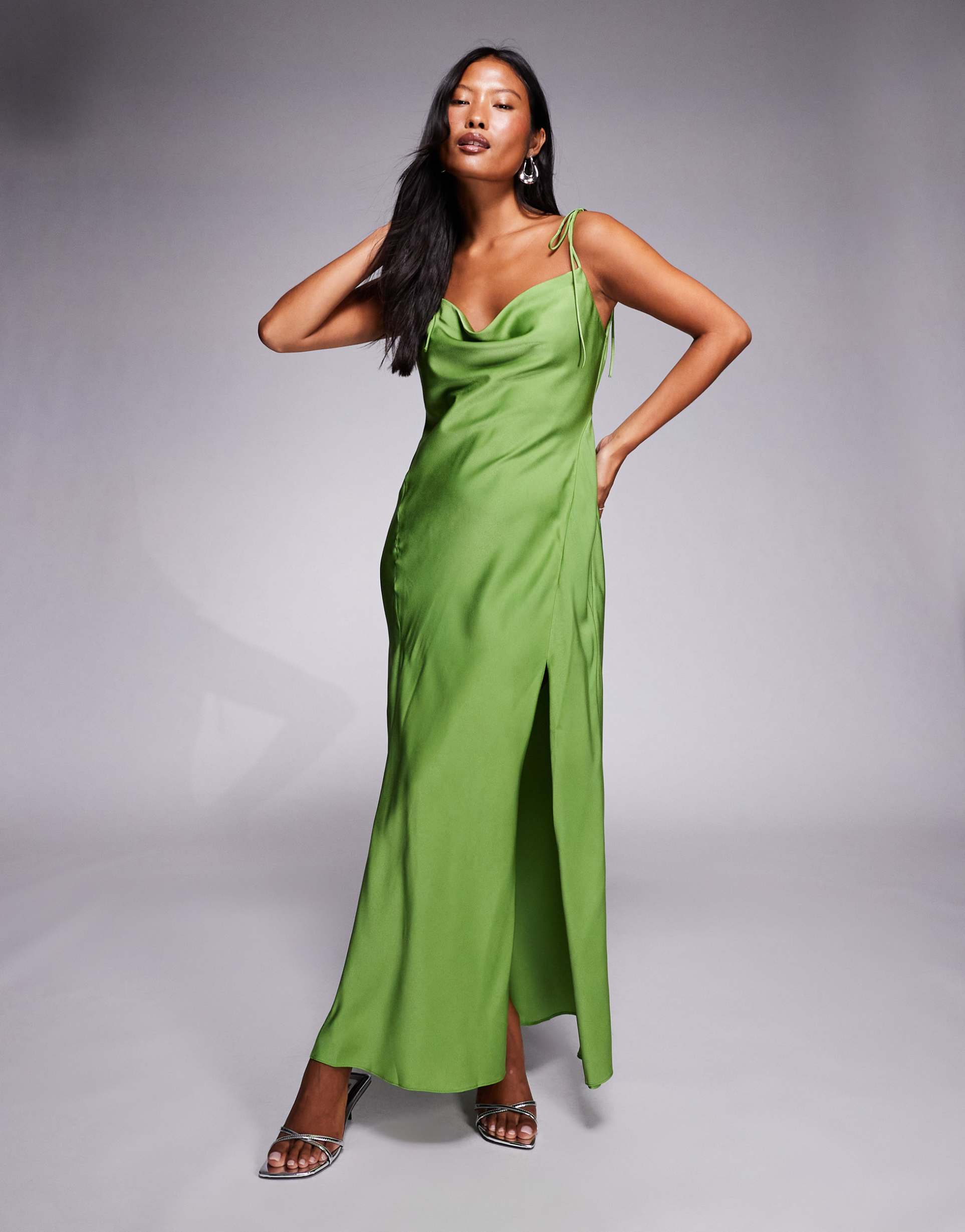 asos design petite satin tie straps maxi dress with slit detail in green