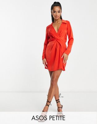 Asos Petite Asos Design Petite Satin Twist Mini Dress With Collar In Coral Red
