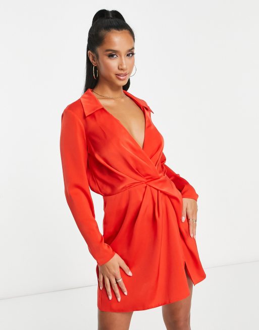 Petite Satin V Neck Mini Dress