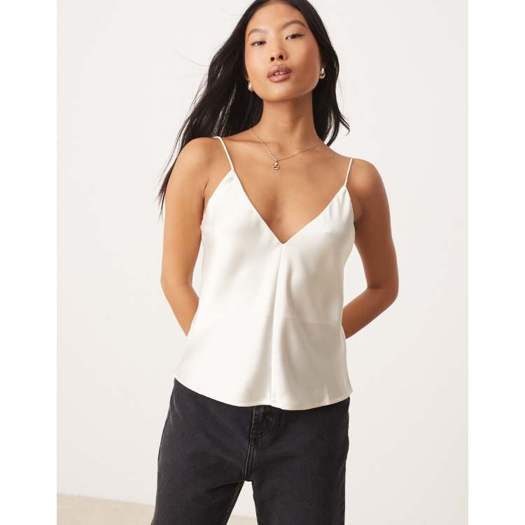 ASOS DESIGN Petite satin V-neck cami in ivory | ASOS