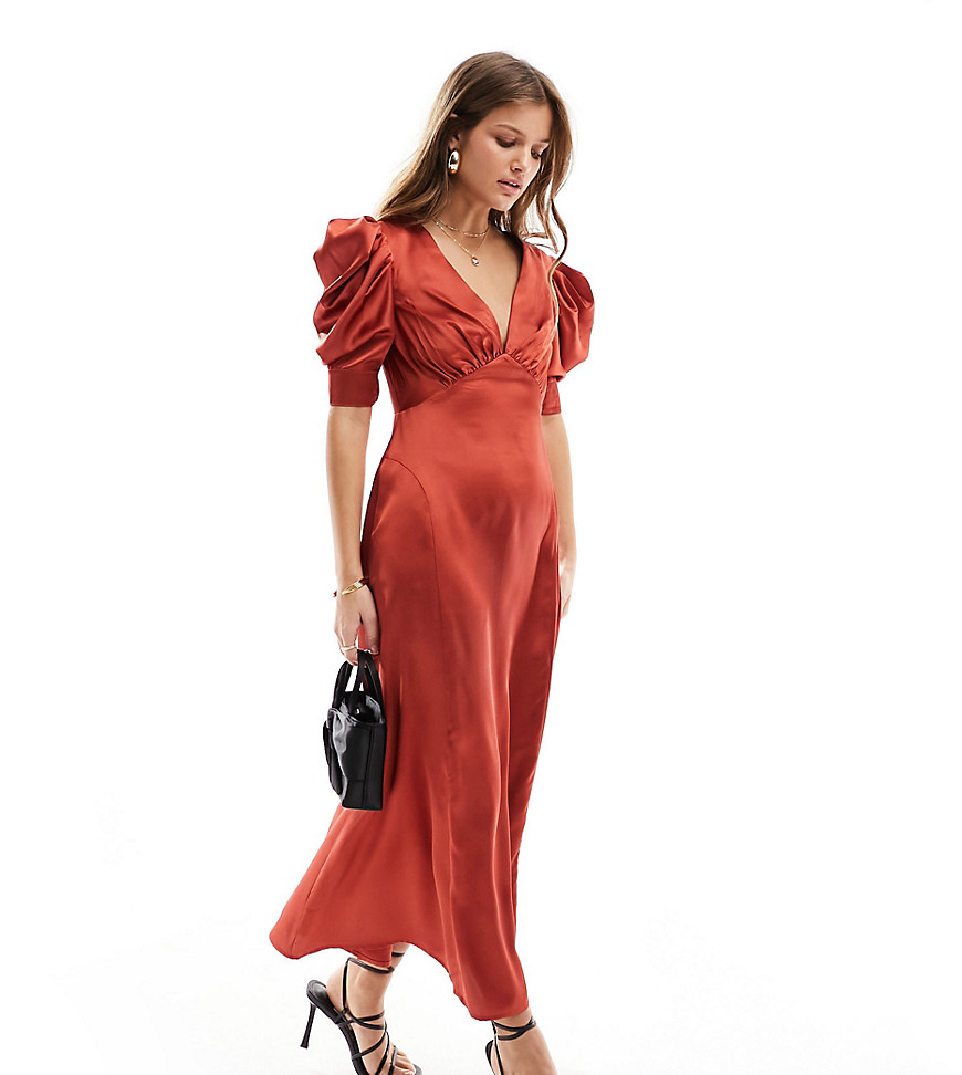 Asos Petite Asos Design Petite Satin V Neck Midi Tea Dress With Puff Sleeves In Rust-red