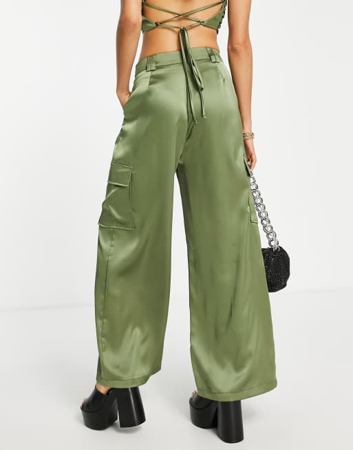 ASOS DESIGN Petite satin wide leg cargo pants in khaki - part of a set, 2 of 4