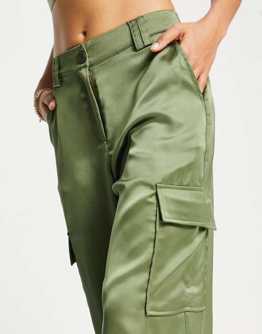 ASOS DESIGN Petite satin wide leg cargo pants in khaki part of a set