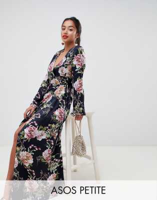 ASOS DESIGN Petite satin wrap maxi dress in navy floral print-Multi