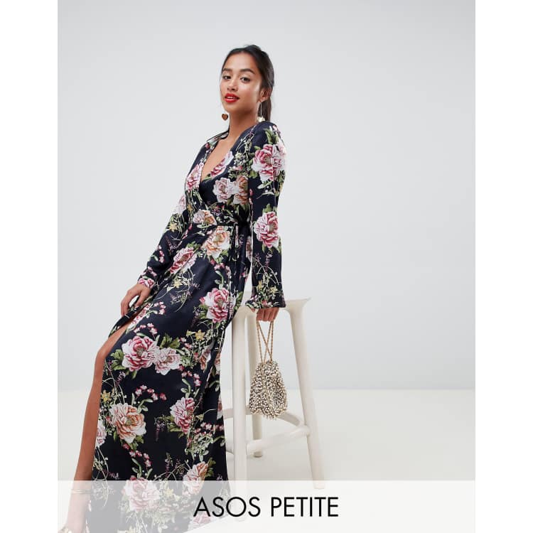 ASOS DESIGN Petite satin wrap maxi dress in navy floral print