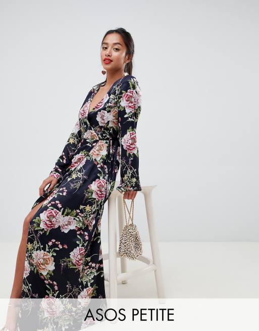 ASOS DESIGN Petite satin wrap maxi dress in navy floral print