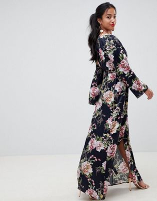 navy floral maxi wrap dress
