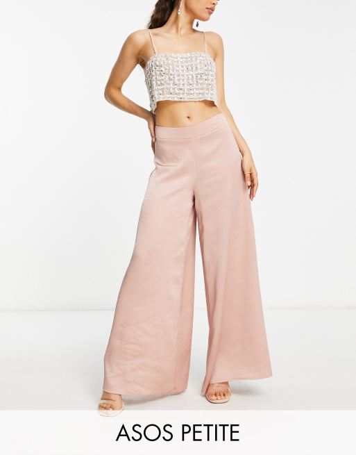ASOS DESIGN Petite – Satinhose in Altrosa mit weitem Bein